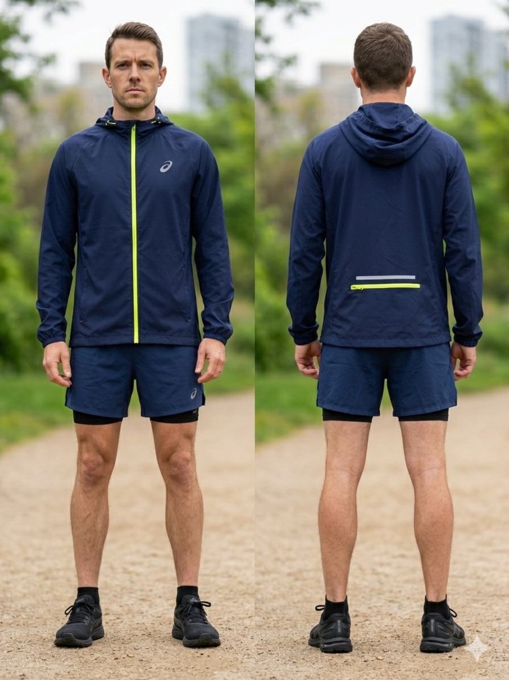 ASICS Men's Navy Blue Full-Zip Hooded Running Windbreaker Jacket - Size Small